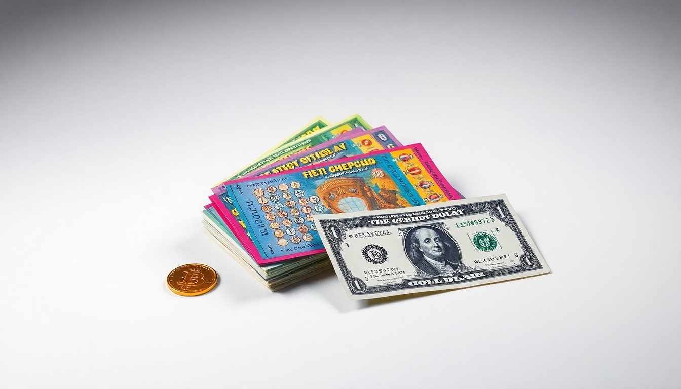 A photorealistic studio still life featuring a stack of colorful lottery scratch-off tickets, a gold coin, and a crisp dollar bill arranged elegantly on a clean, white background, representing the abstract concepts of wealth, luck, and life-changing winnings from the Georgia Lottery.