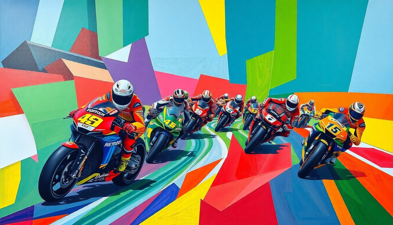 A cubist-style painting depicting a MotoGP race scene broken down into sharp, overlapping geometric shapes and planes of vibrant colors, representing the complex strategies and challenges surrounding tyre pressure management.