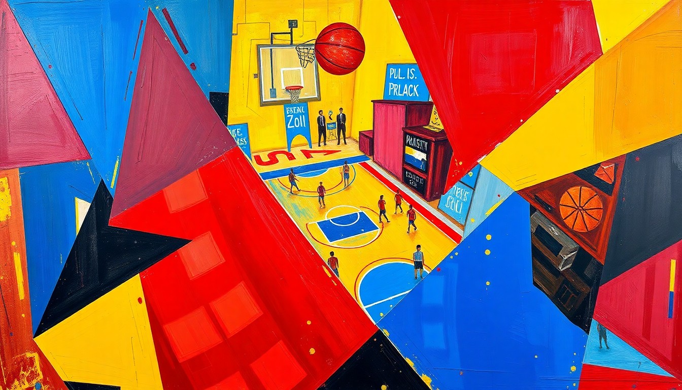 A cubist, geometric painting depicting a basketball game, with overlapping planes of vibrant colors representing the dynamic action and tension of the match.