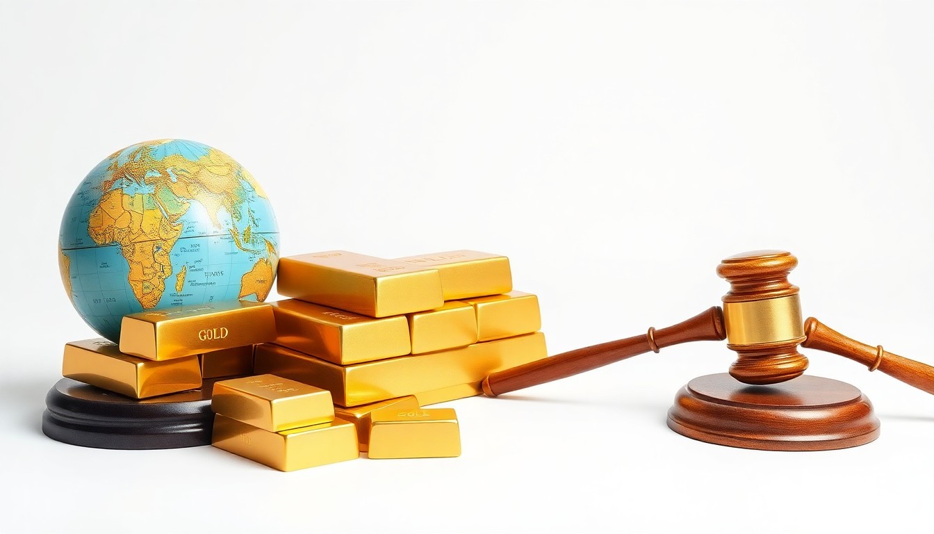 A photorealistic studio still life featuring a stack of gold bullion bars, a world globe, and a gavel on a clean, white background, symbolizing the intersection of global finance, diplomacy, and the rule of law.