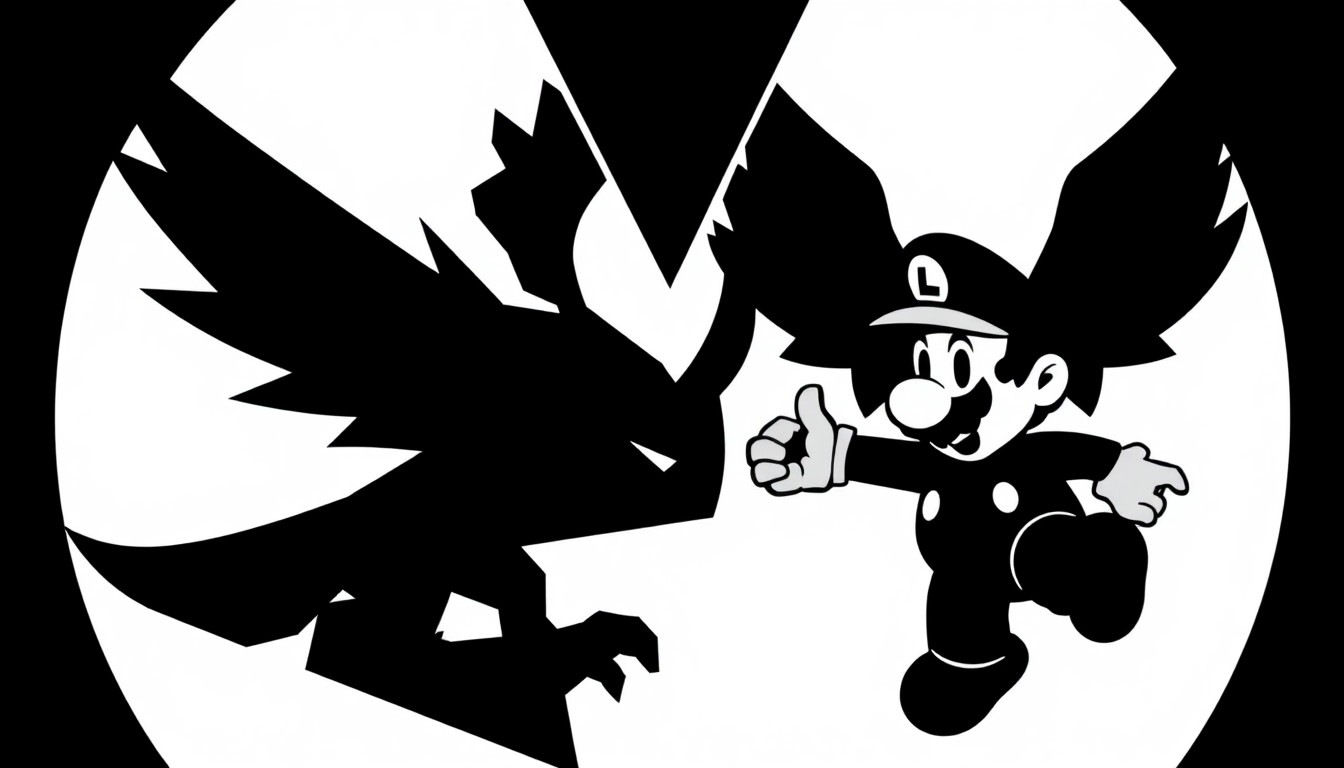 An abstract, minimalist illustration featuring sharp, geometric black silhouettes against a vibrant, contrasting background, conceptually representing the crossover of the Star Fox and Super Mario franchises.