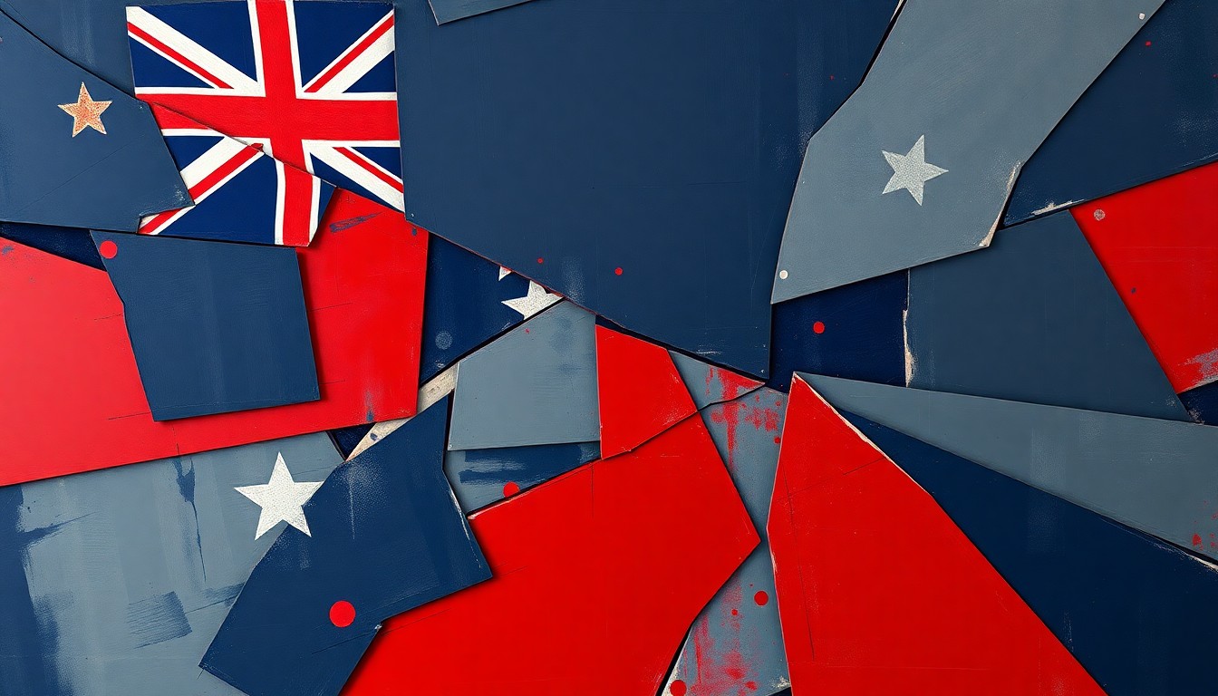 A dynamic, fragmented painting in shades of blue, gray, and red, depicting an abstract Australian political symbol or flag in motion, conveying a sense of instability and changing priorities.