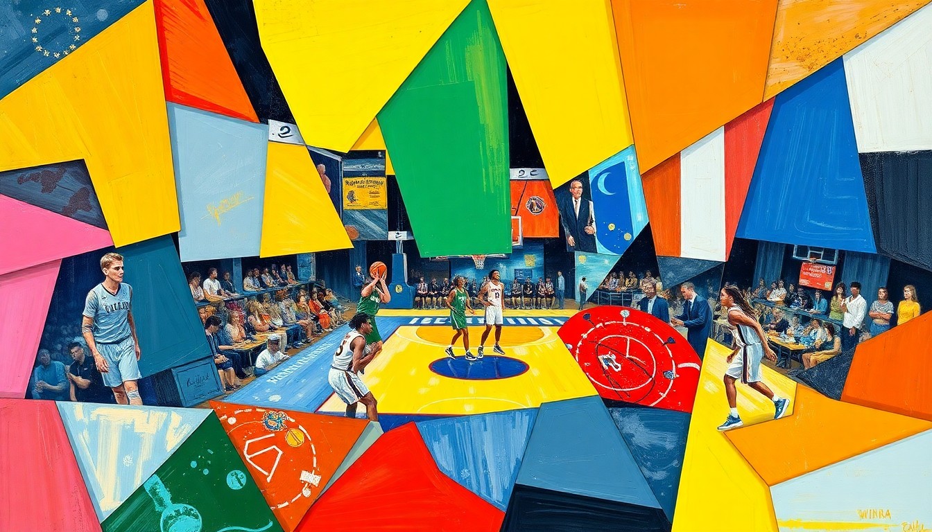 A cubist, geometric painting depicting a fragmented WNBA game or competition, with sharp, overlapping planes of vibrant colors representing the teams involved, conveying the complex dynamics of women's professional sports governance.
