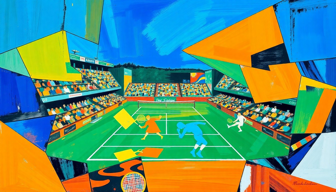 A fractured, cubist-style painting depicting a tennis match or competition, with sharp geometric planes in vibrant colors like blue, green, and orange, conceptually representing the strategic and resilient nature of Pegula's game.