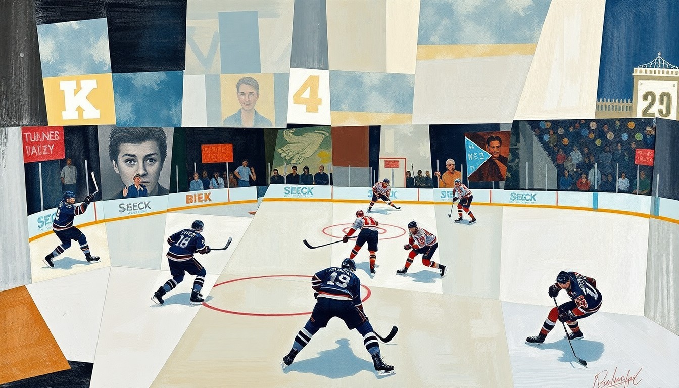 A cubist, geometric painting depicting fragmented hockey players and equipment, representing the multifaceted nature of the Devils' prospect pool.