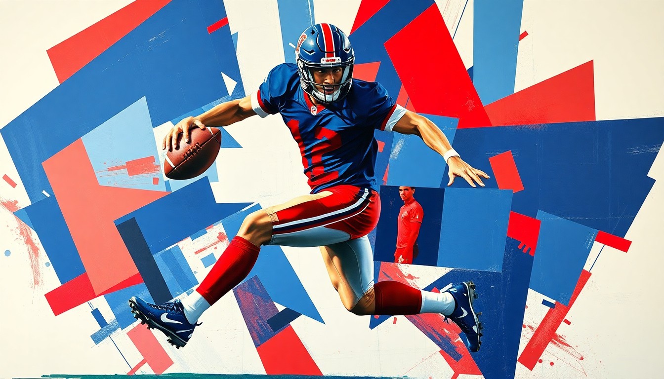 A fragmented, geometric painting in bold colors depicts a football player in motion, representing the conceptual transition of a player being traded between teams.