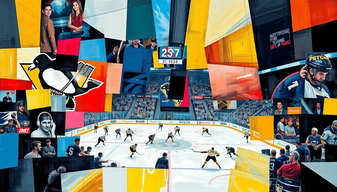 A fractured, multi-perspective painting featuring sharp, overlapping geometric planes in shades of blue, red, and white, conceptually representing the energy and action of a hockey game between the Pittsburgh Penguins and Florida Panthers.