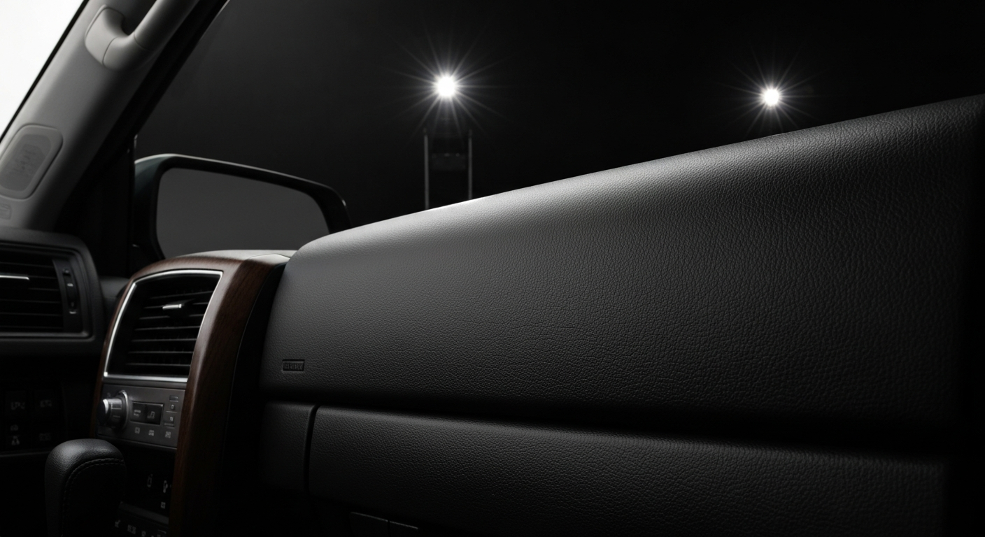 An extreme close-up of the textured, pebbled leather interior of a Toyota Land Cruiser, capturing the premium materials and craftsmanship that define the vehicle's rugged luxury.