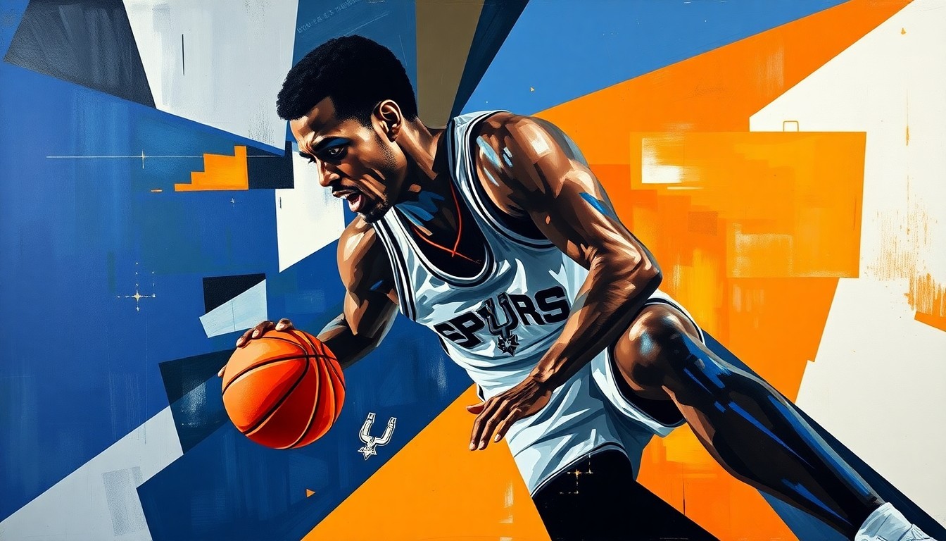 A fractured, multi-perspective painting in vibrant navy blue, silver, and orange hues, depicting the movements and strategic dilemma of a basketball player in an abstract, cubist style.