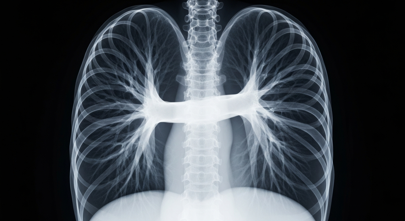 A ghostly, translucent X-ray image showing the internal structure of a human lung, highlighting the intricate connections between gut bacteria and respiratory function.