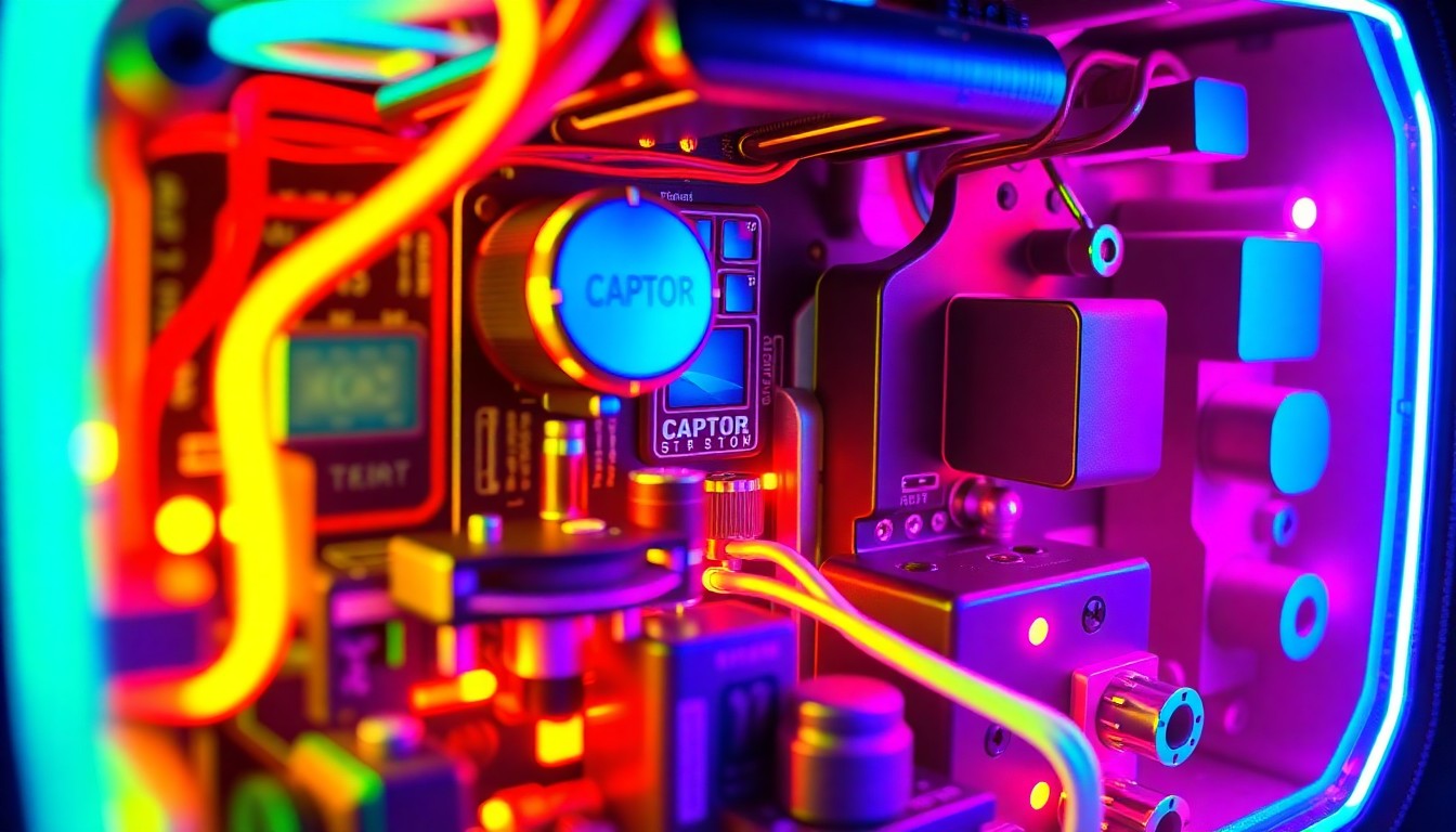 A highly detailed, glowing 3D illustration of the internal components of a guitar amplifier, including circuit boards, transistors, and wiring, conceptually representing the advanced technology behind the Captor X+ device.