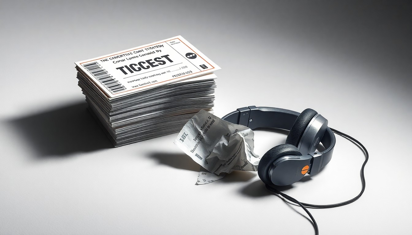 A minimalist, photorealistic studio still life featuring a stack of crumpled concert tickets, a broken pair of headphones, and a lone ticket stub, symbolizing the corporate power struggles and financial forces behind the live music industry.