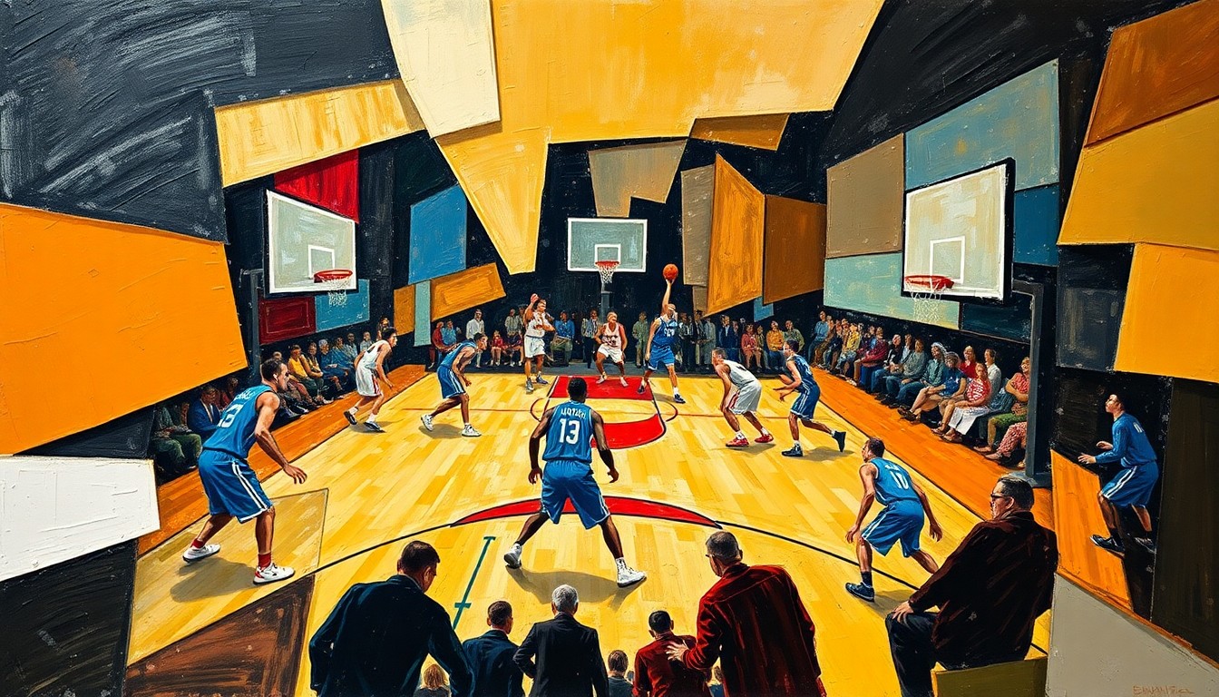A fractured, multi-perspective painting featuring overlapping geometric planes and shapes in vibrant colors, representing the dynamic and strategic nature of a basketball game.
