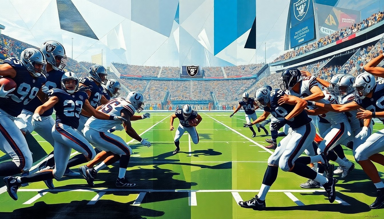 A fragmented, geometric painting depicting the dynamic action of a football game, with the players' forms broken down into sharp, overlapping planes of color and line, capturing the raw energy and movement of the sport.