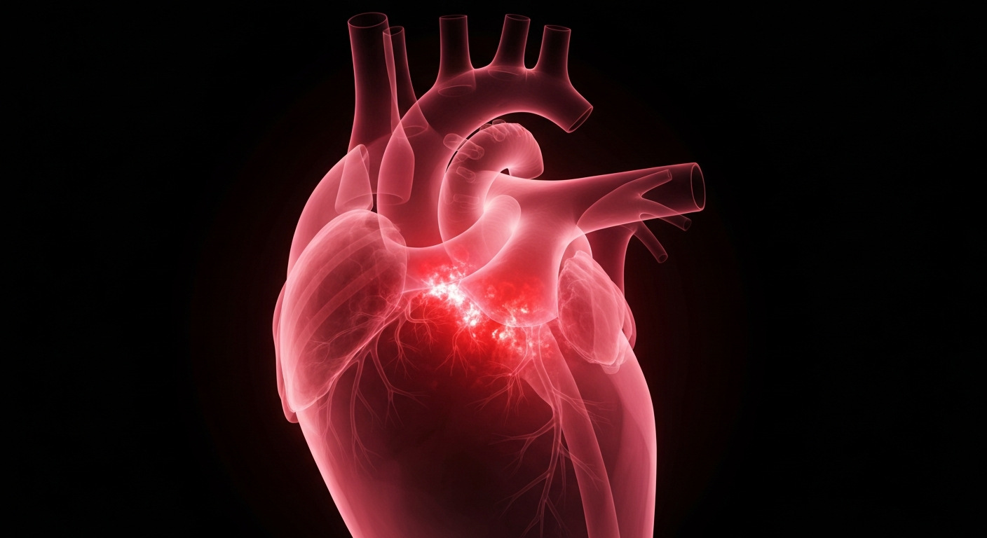 A ghostly, translucent X-ray photograph of a human heart, glowing with an eerie red light to conceptually represent the cardiac damage caused by excessive caffeine consumption.