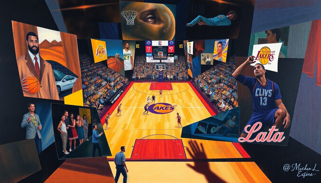 A cubist, geometric painting depicting a basketball game between the Phoenix Suns and Los Angeles Lakers, with the players and court broken down into sharp, overlapping planes of color and shape.