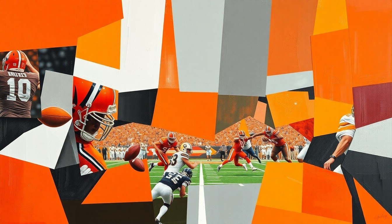 A fractured, cubist-style painting depicting a football game or quarterback competition, with sharp geometric shapes and planes in the Browns' team colors of burnt orange and steel gray, conveying the complexity and multi-faceted nature of the team's quarterback decision.