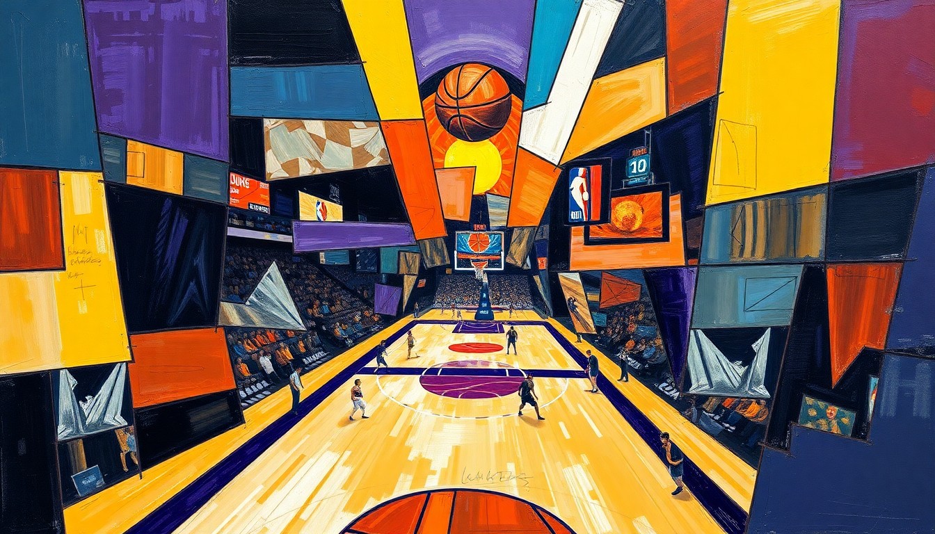A fragmented, geometric painting depicting a basketball game in motion, with overlapping shapes and planes representing the players, court, and ball in an abstract, cubist style.