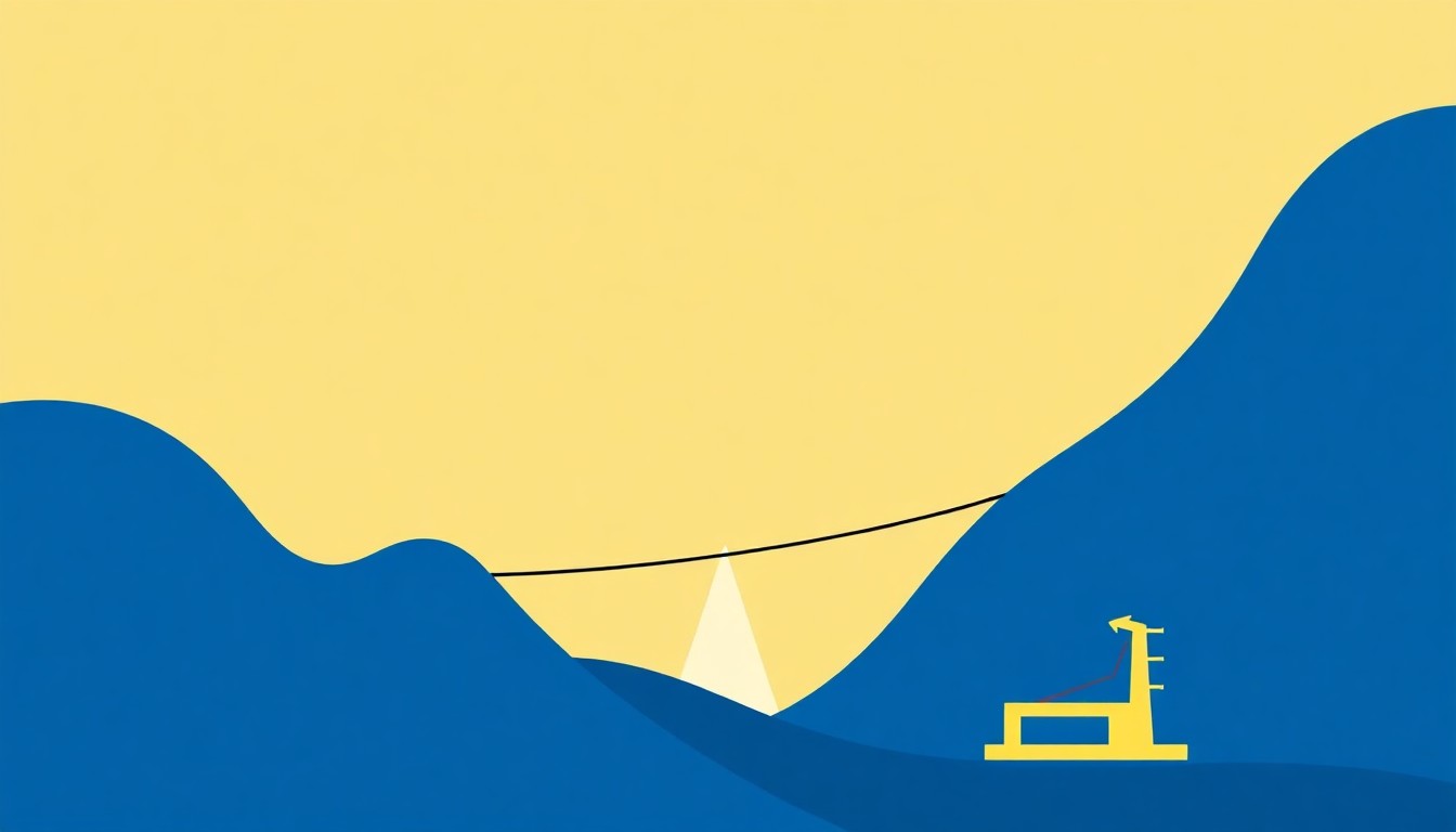 An abstract illustration featuring overlapping triangles and circles in shades of blue, red, and yellow, conceptually representing the volatility and uncertainty in the oil market.