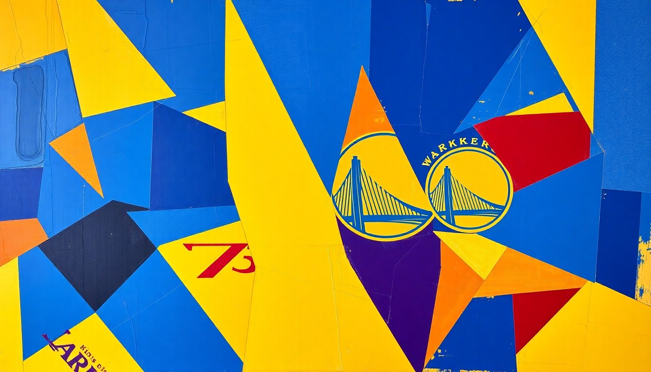 A fragmented, geometric painting depicting a basketball game between the Los Angeles Lakers and Golden State Warriors, with sharp planes of blue, yellow, and red conveying the energy and competition of the matchup.