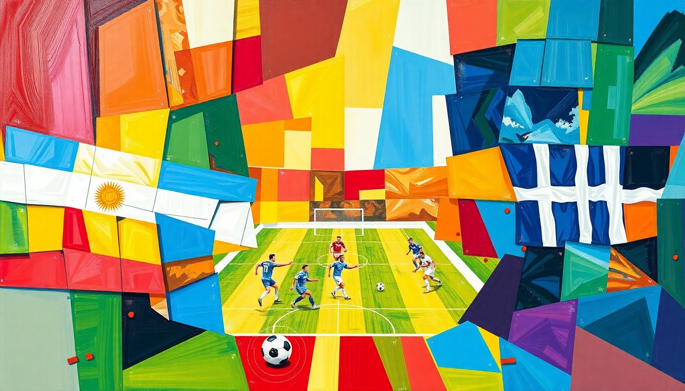 A fragmented, geometric painting in bold colors representing the dynamic action of a high-stakes soccer match between national teams.