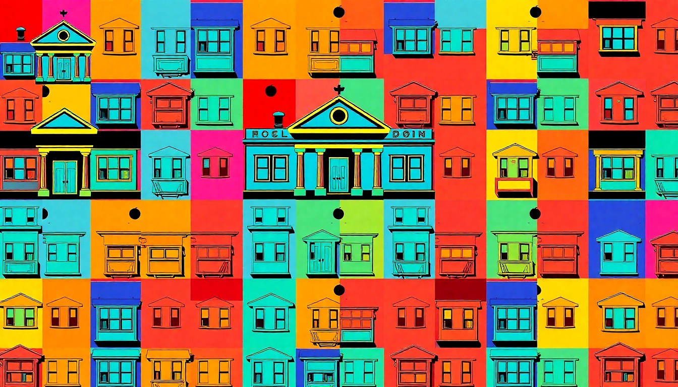 A brightly colored, high-contrast silkscreen print of a single, iconic school desk repeated in a tight grid pattern, utilizing flat, vibrant neon color palettes and heavy black outlines to transform the everyday object into modern pop art.