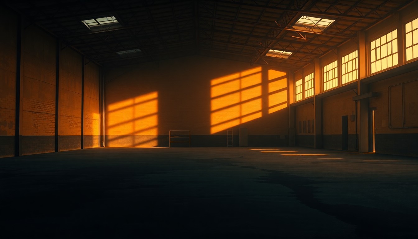 A serene, cinematic painting of an empty warehouse, its exterior bathed in warm, diagonal sunlight and deep shadows, conveying a sense of unease and the weight of a community's fight against federal power.