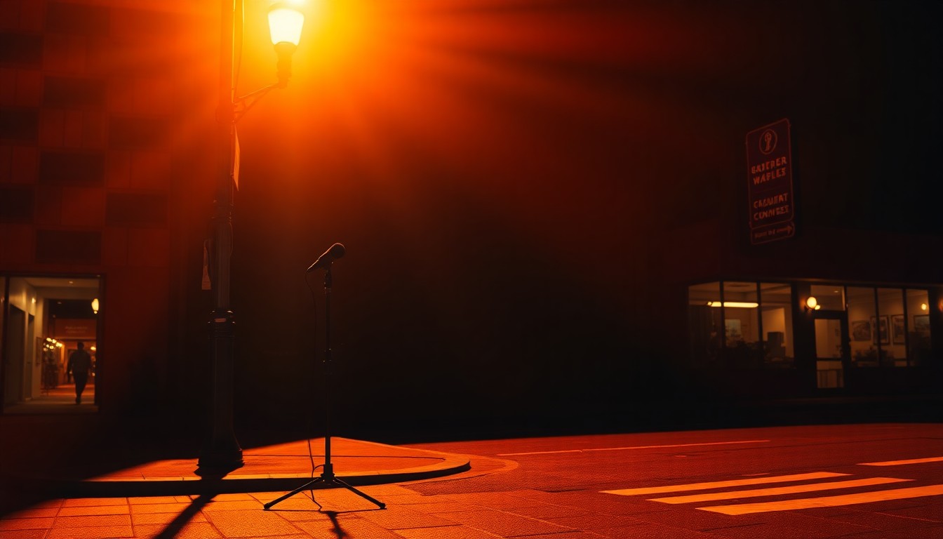 A solitary news microphone standing alone on a dimly lit city street corner, bathed in warm, diagonal sunlight and deep shadows, conceptually representing the changing landscape of journalism and the ongoing debate over objectivity.