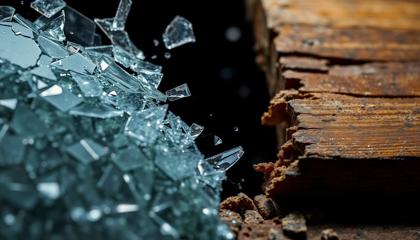 An extreme close-up photograph of shattered glass and splintered wood, captured in dramatic high-contrast studio lighting to create a gritty, visceral aesthetic that conceptually represents the dark themes of the 'Faces of Death' franchise.