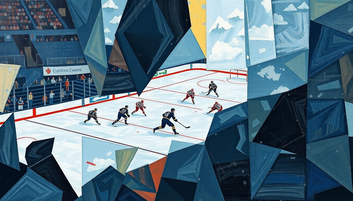 A fractured, multi-perspective painting in the style of Pablo Picasso, breaking a hockey game down into sharp, overlapping geometric planes. The players and the ice are represented as abstract shapes and forms, capturing the intensity and dynamism of the sport.