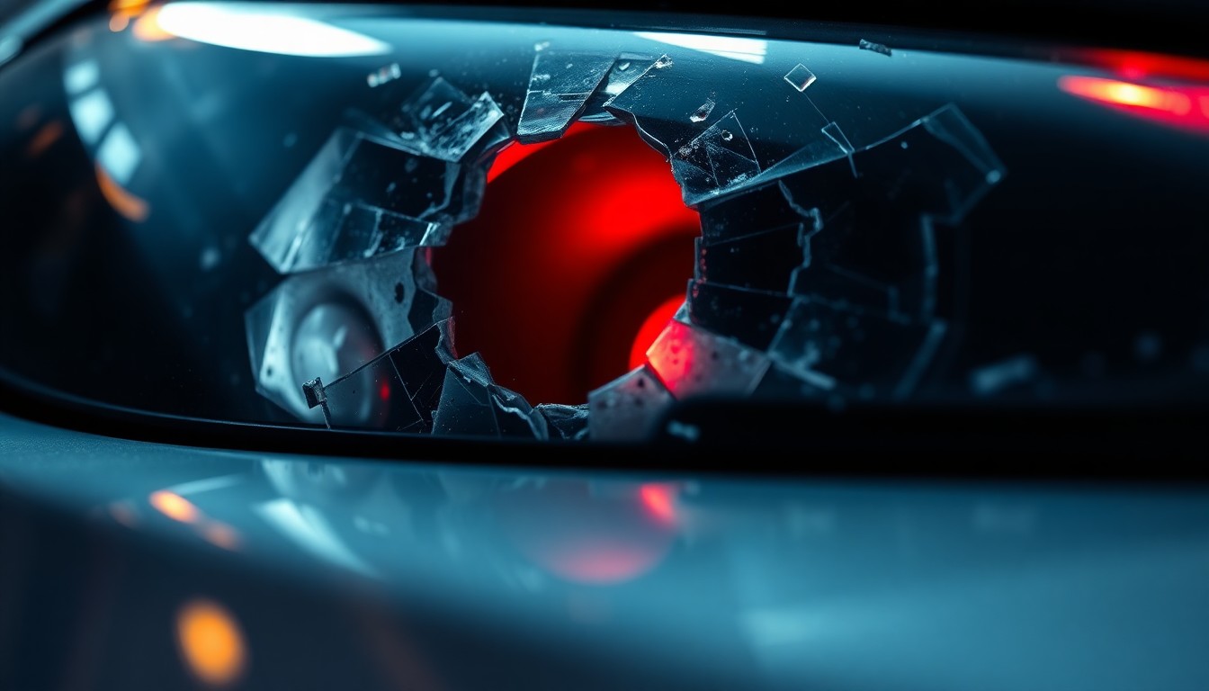 An extreme close-up of a shattered car sensor lens reflecting a faint red light, conceptually illustrating the vandalism of self-driving cars.