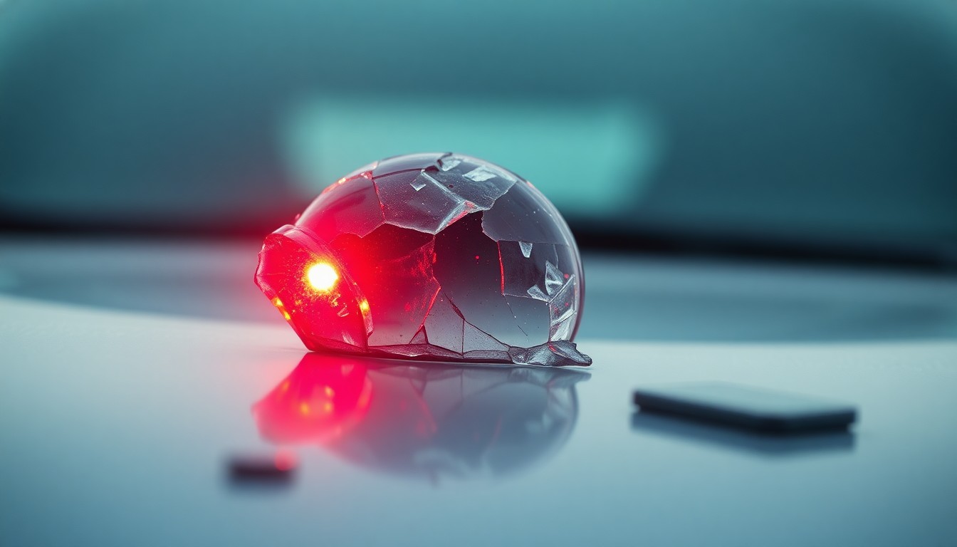 An extreme close-up of a shattered car sensor lens reflecting a faint red light, conceptually illustrating the vandalism of self-driving cars.