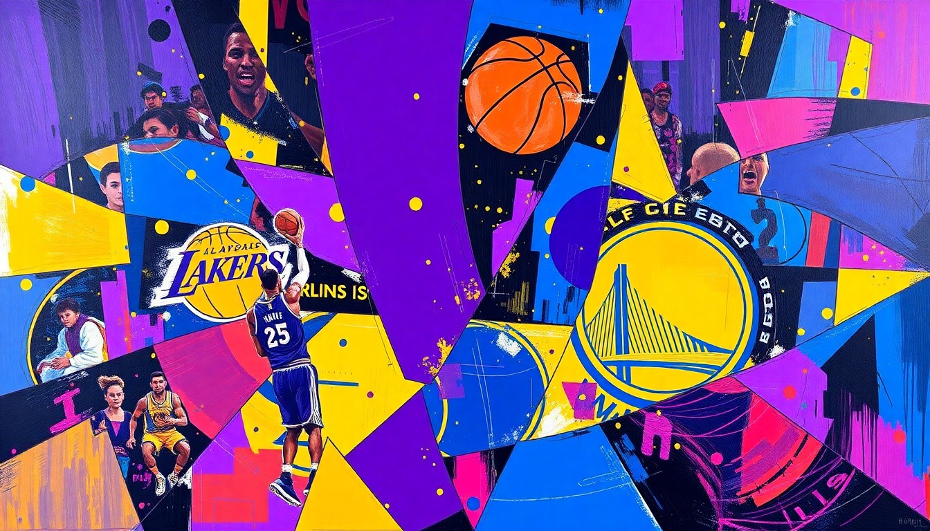 An abstract, cubist-style painting depicting a basketball game between the Lakers and Warriors, with the players and court fragmented into sharp, overlapping geometric shapes in a vibrant color palette.