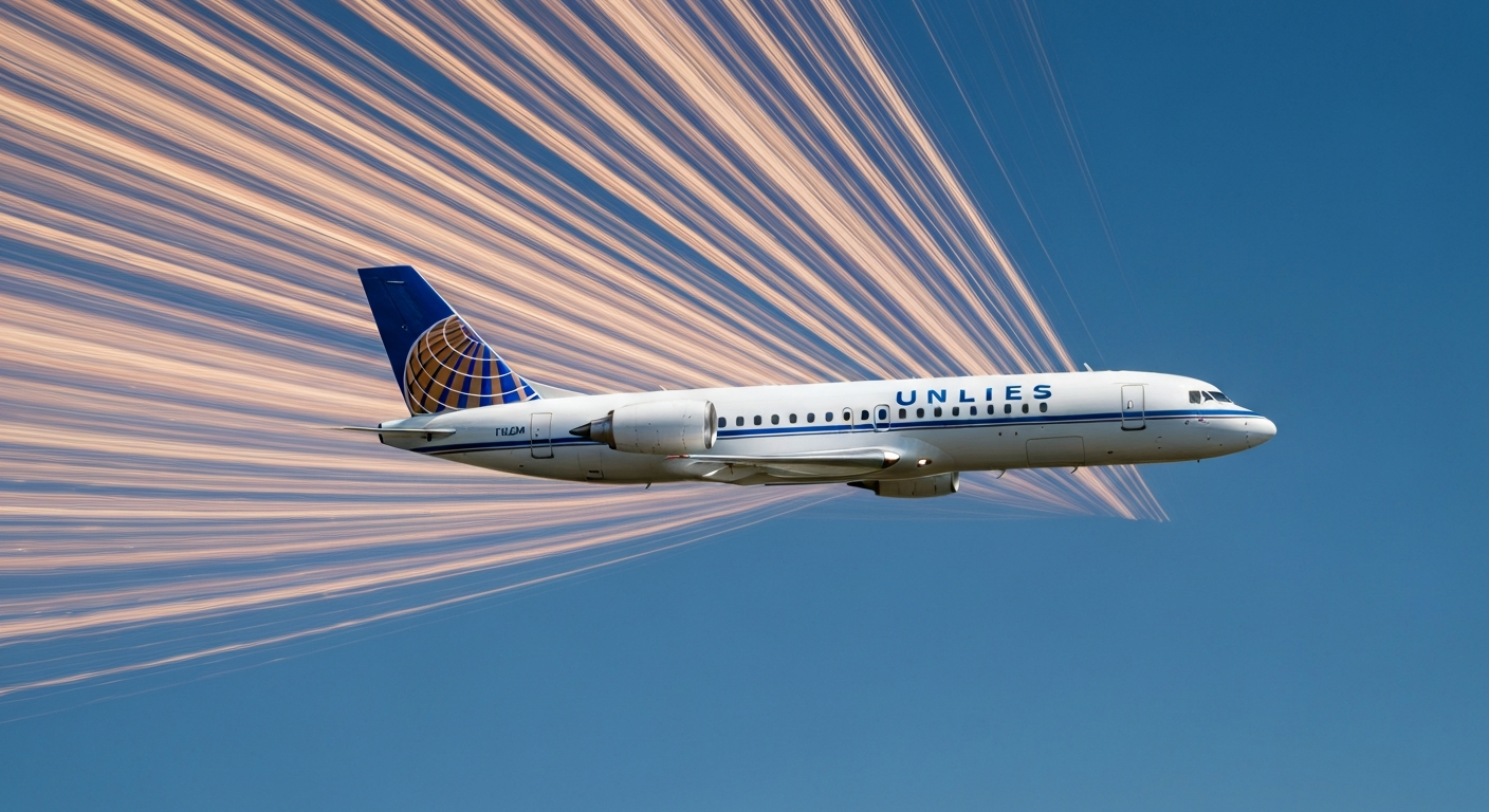 An abstract, colorful image depicting a United Airlines Coastliner plane in motion, with blurred lines and streaks of vibrant hues conveying a sense of speed and modern travel.