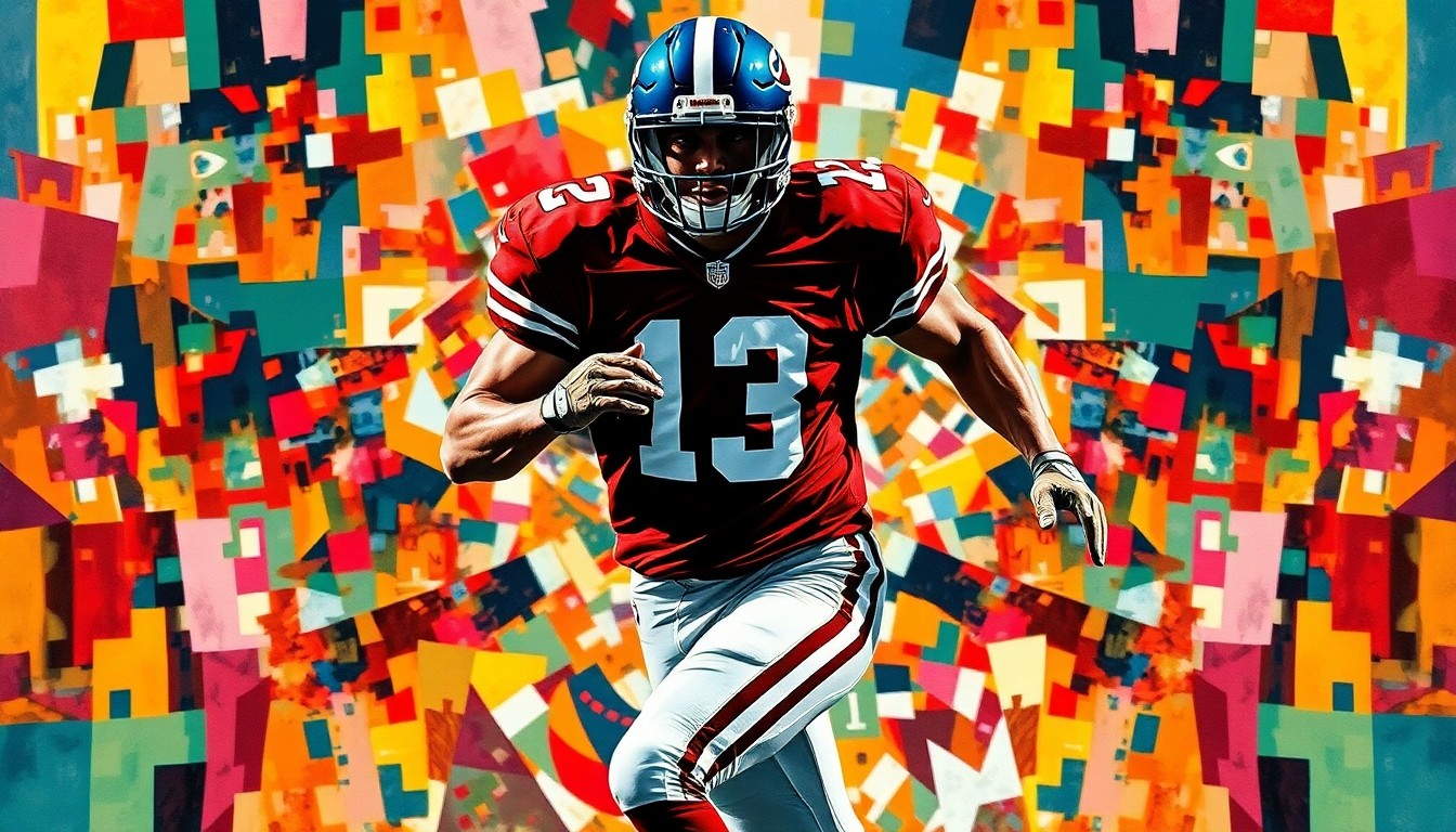 A fractured, cubist-style painting depicting a football player in motion, with sharp, overlapping geometric planes in a kaleidoscope of team colors, capturing the dynamic nature of player movements and team strategies in the NFL.