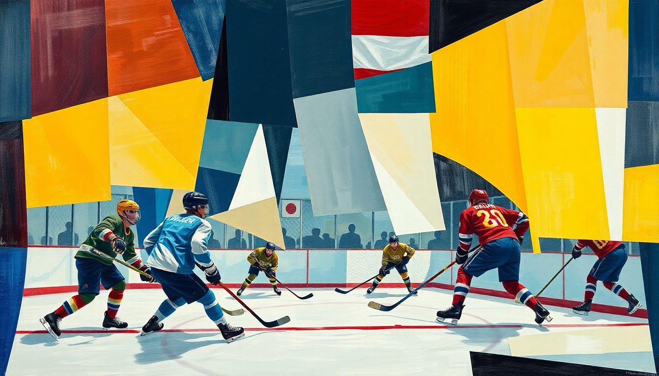 A cubist, geometric painting depicting a fragmented and overlapping scene of a youth hockey game, with players and equipment broken down into sharp, angular shapes and planes of color.