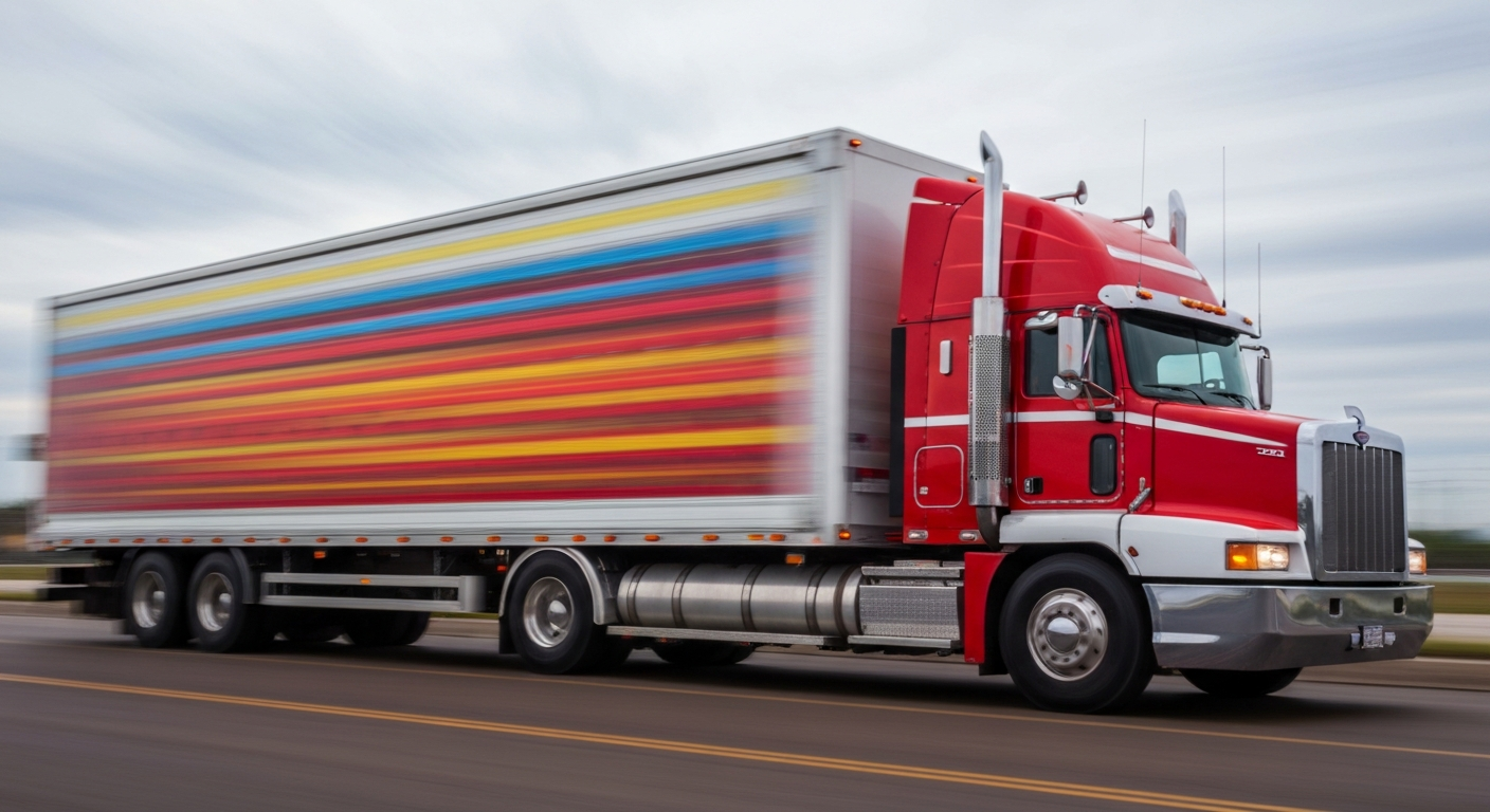 An abstract, colorful blur of motion depicting a large semi-truck, conveying the speed and power of modern freight transport while obscuring specific details.