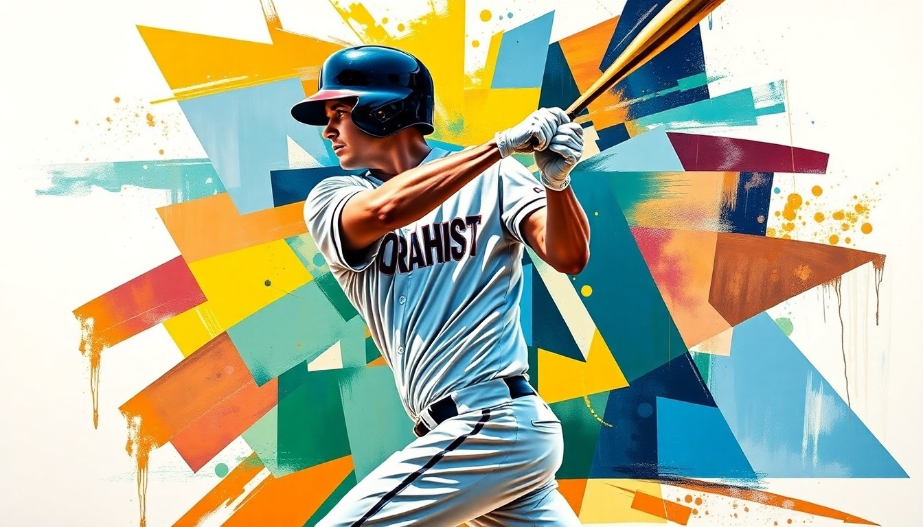 A cubist, geometric painting depicting the explosive motion of a baseball player swinging a bat and hitting a home run, with the player's form fragmented into overlapping planes of vivid team colors.