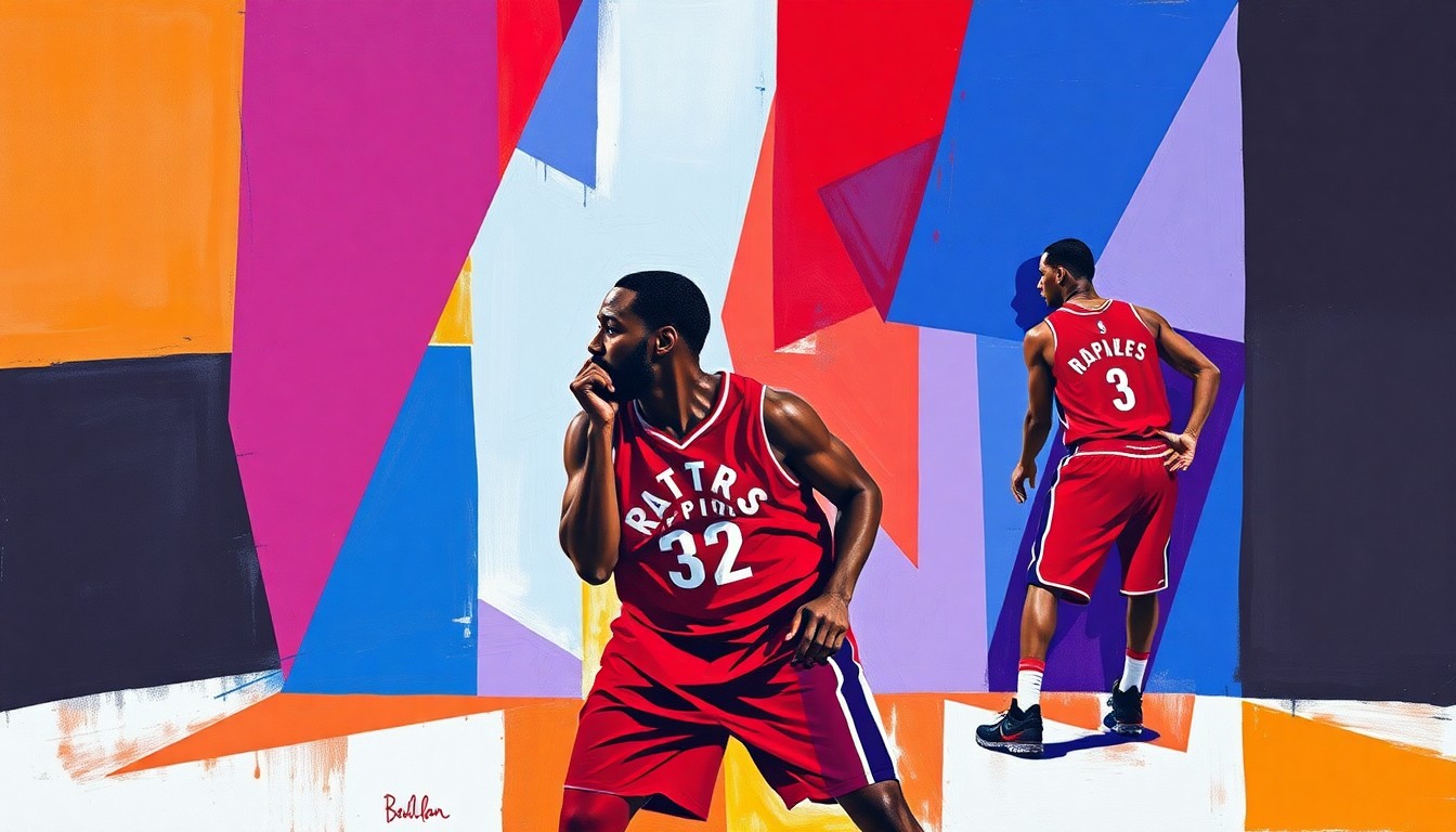 A fractured, multi-perspective painting in bold, vibrant colors that captures the essence of Scottie Barnes' defensive prowess through abstract geometric shapes and planes.