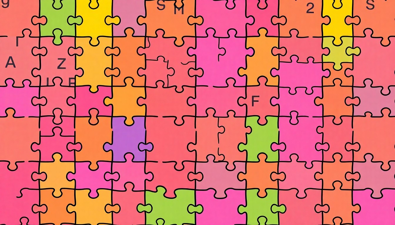 A brightly colored, high-contrast silkscreen print of a single, iconic puzzle piece repeated in a tight grid pattern, utilizing flat, vibrant neon color palettes and heavy black outlines to transform everyday puzzle habits into modern pop art.