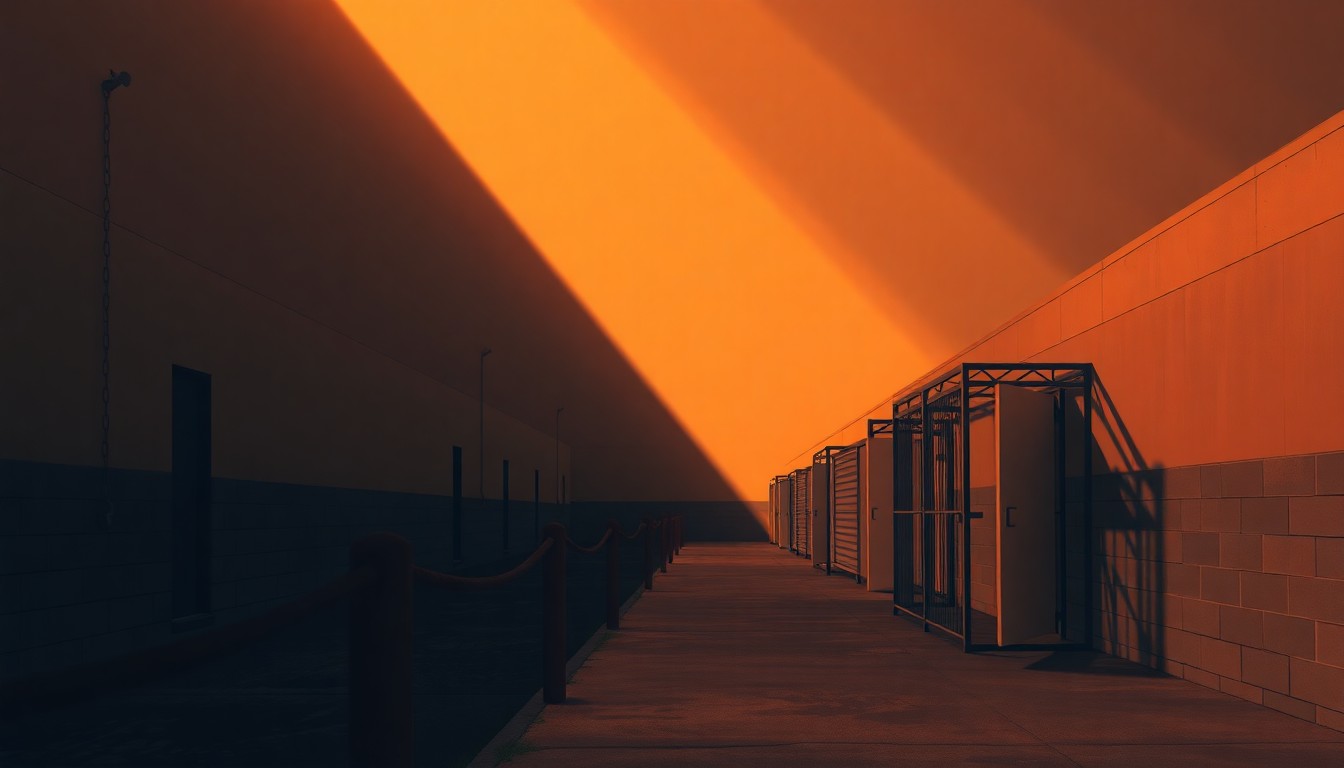A photorealistic painting of a nondescript immigration detention center building, with warm sunlight streaming through the windows and deep shadows cast across the facade, creating a somber, contemplative mood.