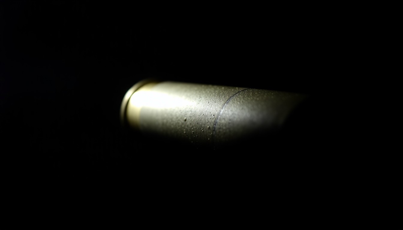An extreme close-up of a spent rifle shell casing, its metallic surface reflecting the harsh light of the camera flash, conveying the gritty, investigative nature of the crime scene.