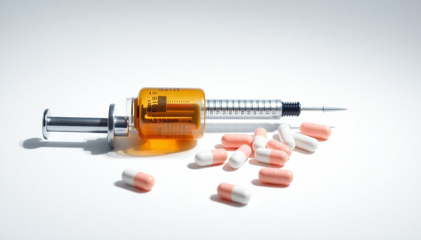 A high-end studio still life photograph featuring a polished metal syringe, glass vial, and pill capsules arranged elegantly on a clean white background, conceptually representing the precision and innovation of the pharmaceutical industry.