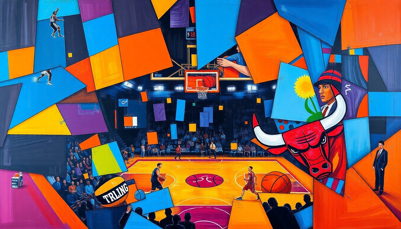 A fragmented, geometric painting depicting the dynamic action of a basketball game, with sharp planes of color and overlapping shapes representing the competitive energy of the matchup.
