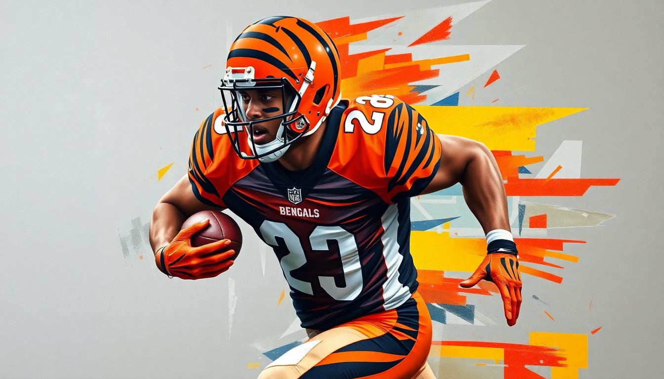 A cubist-style painting depicting a football player in motion, with their uniform and equipment broken down into abstract geometric shapes and planes in the Bengals' signature colors of orange and black.