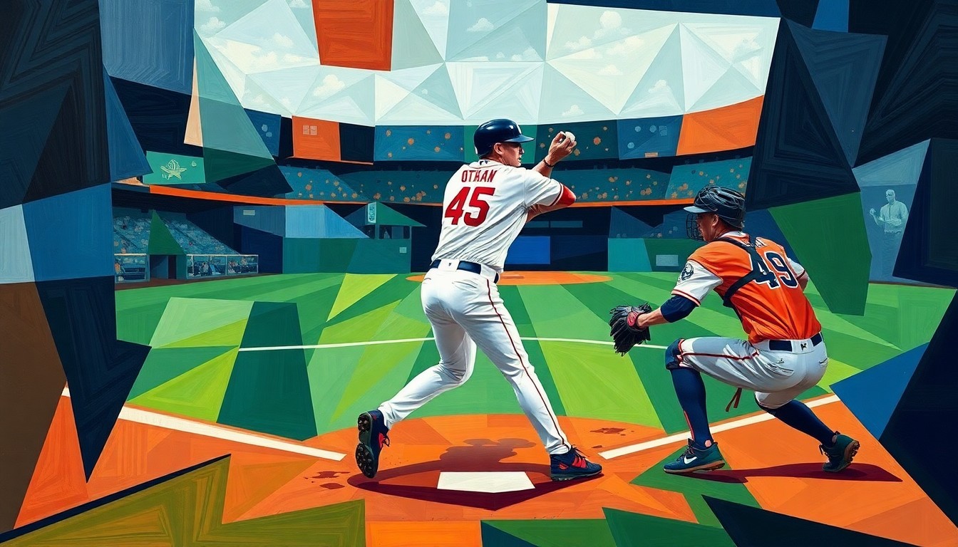 A cubist, geometric painting depicting the distorted, fragmented motion of Shohei Ohtani's pitch being challenged by the ABS system, with the catcher's reaction also broken down into abstract shapes and planes in navy blue, forest green, and burnt orange.