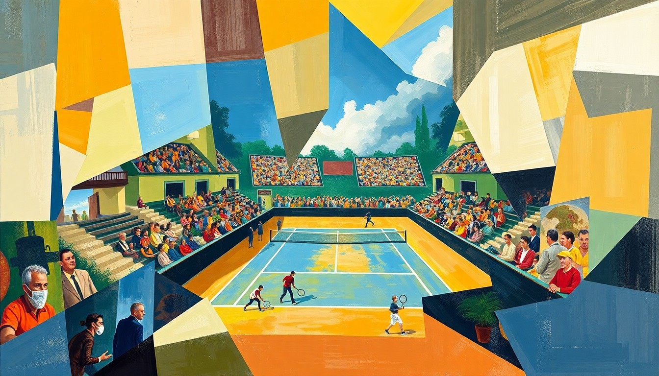 A cubist, geometric painting depicting a tennis match or competition, with the players and court broken down into sharp, overlapping shapes and planes of color, conveying the dynamic energy and drama of the event.