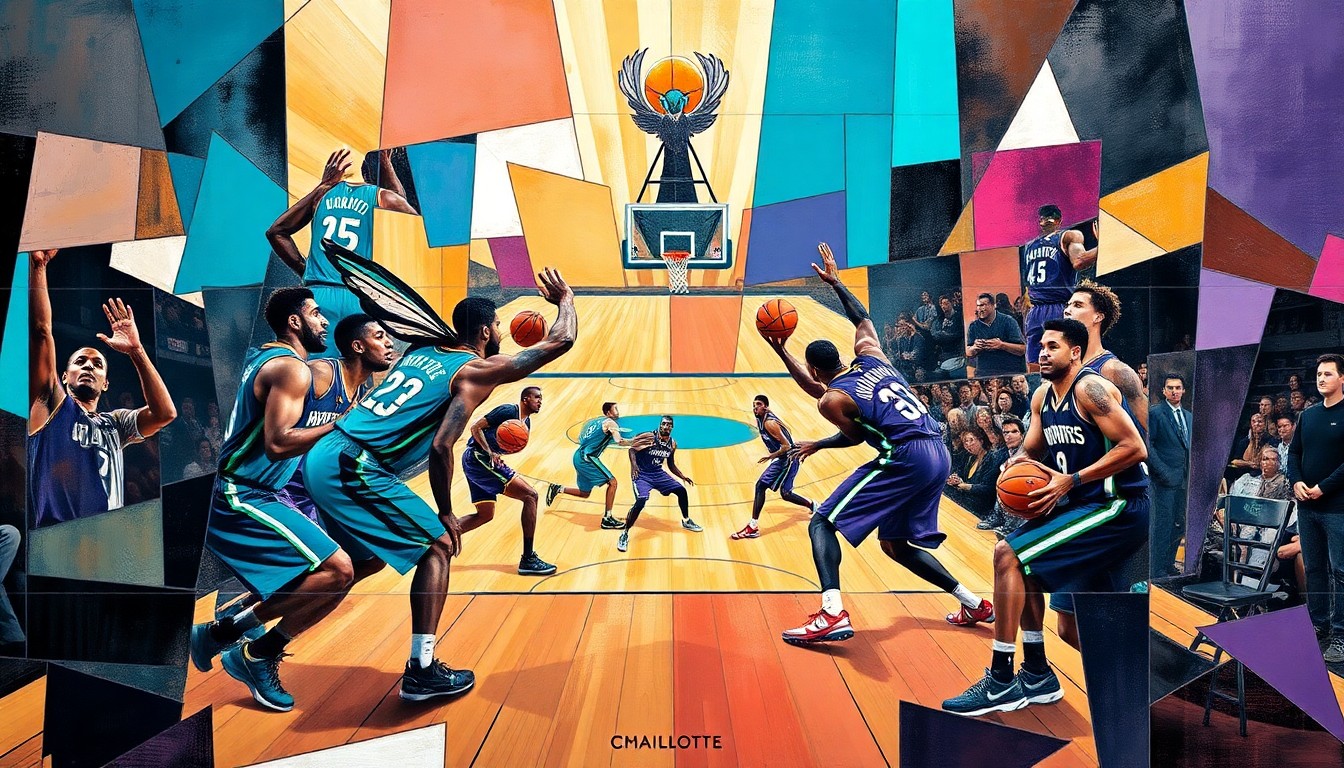 A cubist, geometric painting depicting a basketball game between the Charlotte Hornets and an opposing team, with the players' figures deconstructed into sharp, overlapping planes of teal, purple, and other vibrant colors, capturing the raw energy and movement of the sport.