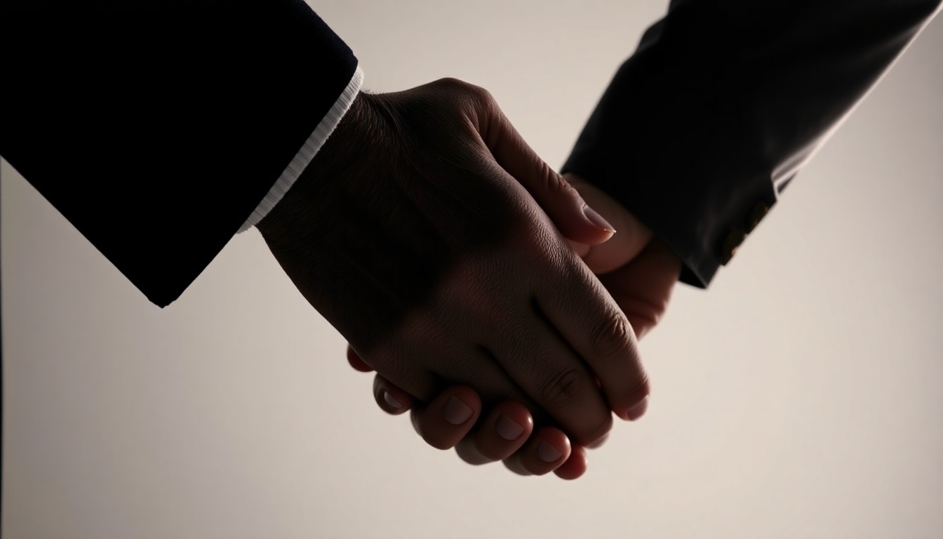 An abstract close-up image of interlocked hands, captured in dramatic studio lighting, conveying the emotional reunion between the two acclaimed actors.