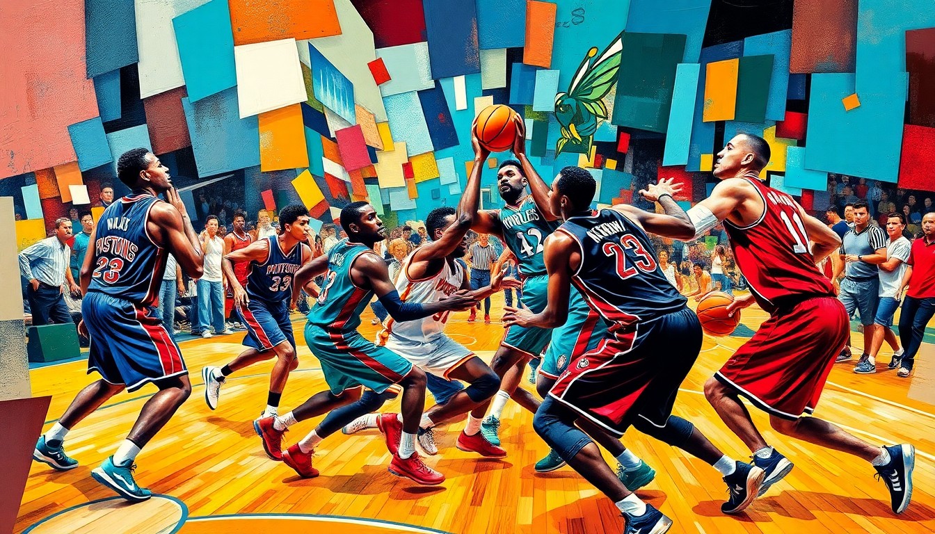 A cubist, fragmented painting depicting the chaotic scene of a basketball game, with players' bodies and uniforms broken down into sharp, overlapping geometric shapes and planes of vibrant colors, capturing the raw energy and emotion of the on-court altercation.